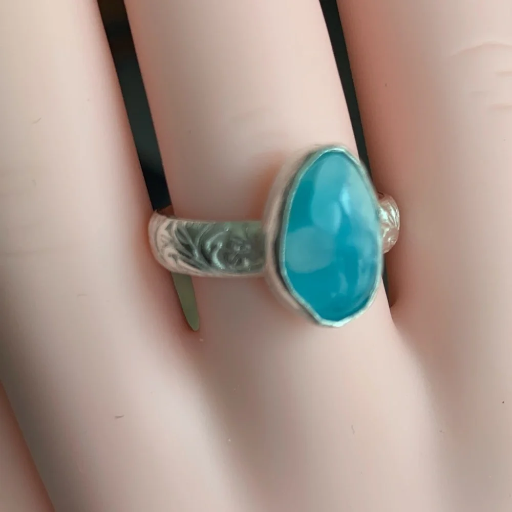 Blue Skies Ahead ring. Sterling silver larimar ring. Size 6. Artisan made. NWT